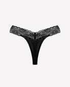 Floral lace low-rise V-thong panties in black with scalloped lace trim