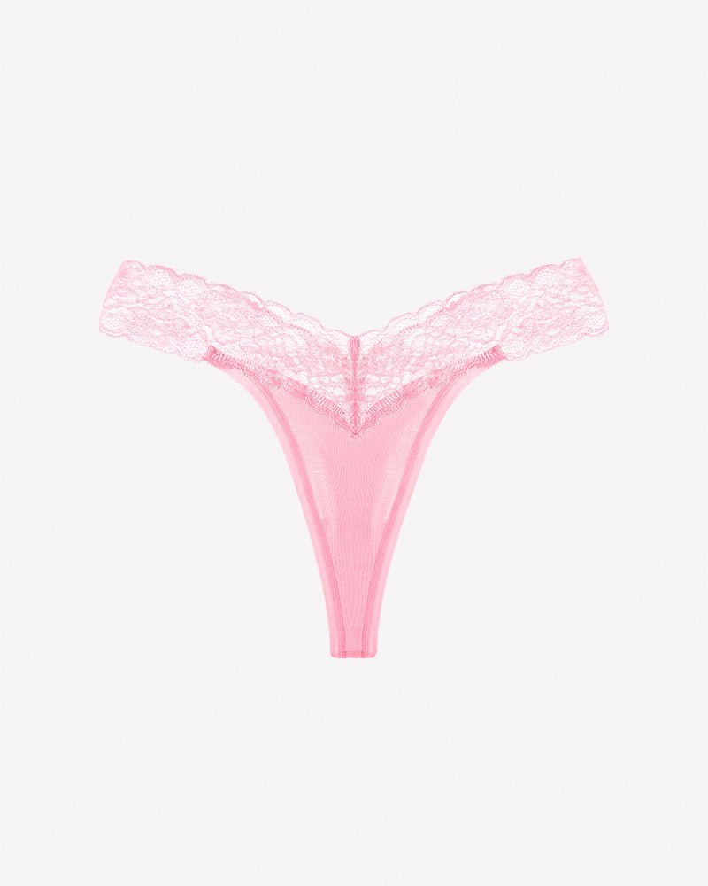 Floral lace low-rise V-thong panties in pink with scalloped lace trim