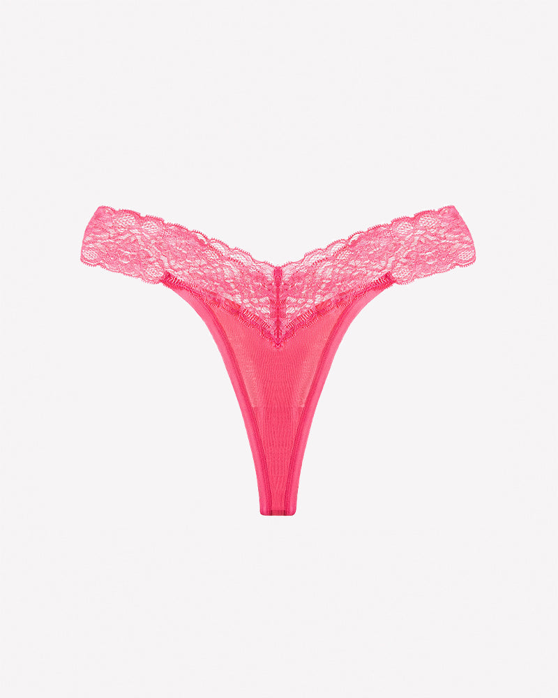 Floral lace low-rise V-thong panties in pink with scalloped lace edges