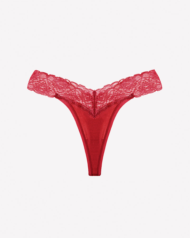 Floral lace low-rise V-thong panties in wine red with scalloped lace trim