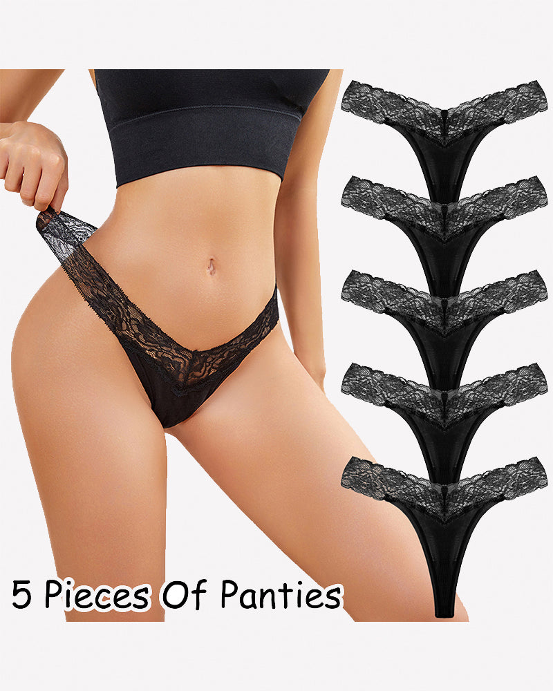 Black floral lace low-rise thong panties, 5-pack shown