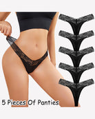 Black floral lace low-rise thong panties, 5-pack shown