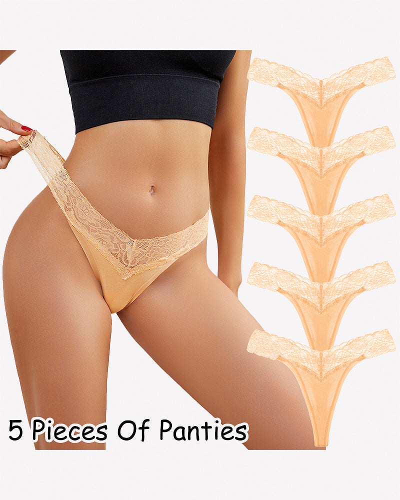 Apricot floral lace low-rise thong panties, 5-pack shown