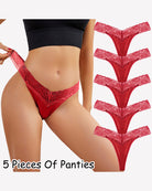 Red floral lace low-rise thong panties, 5-pack shown