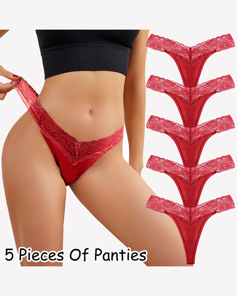 Red floral lace low-rise thong panties, 5-pack shown
