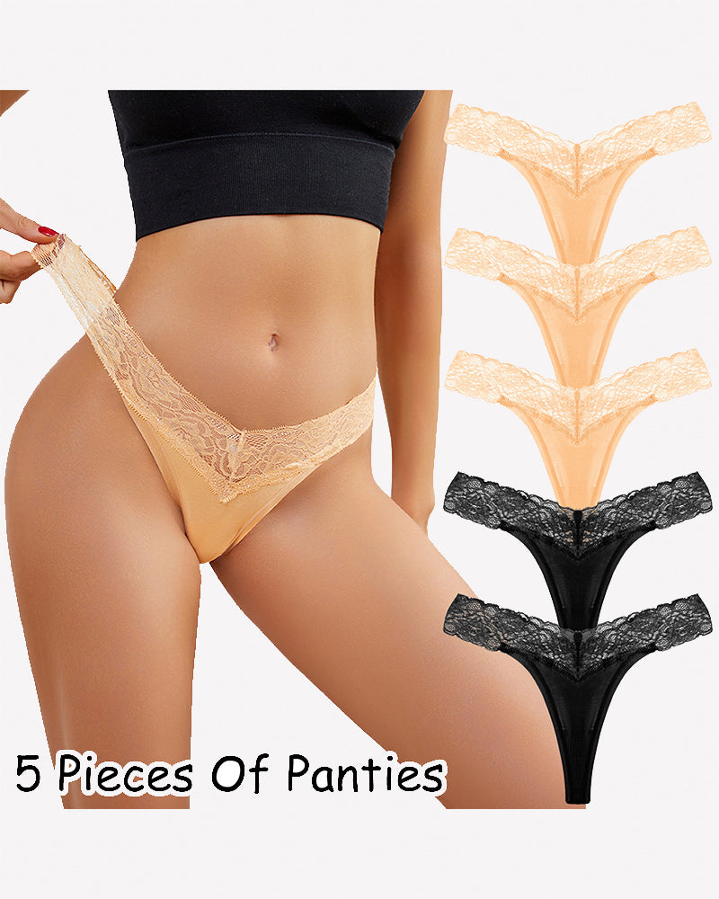 Apricot floral lace low-rise thong panties with multicolor 5-pack