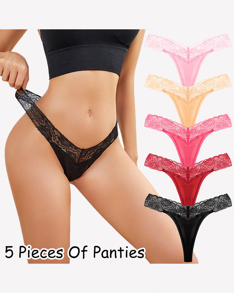 Black floral lace low-rise thong panties with multicolor 5-pack