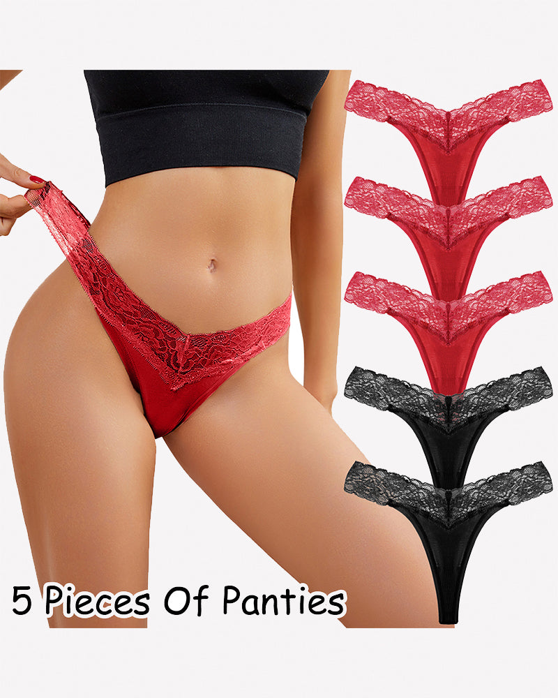 Red floral lace low-rise thong panties with black set shown