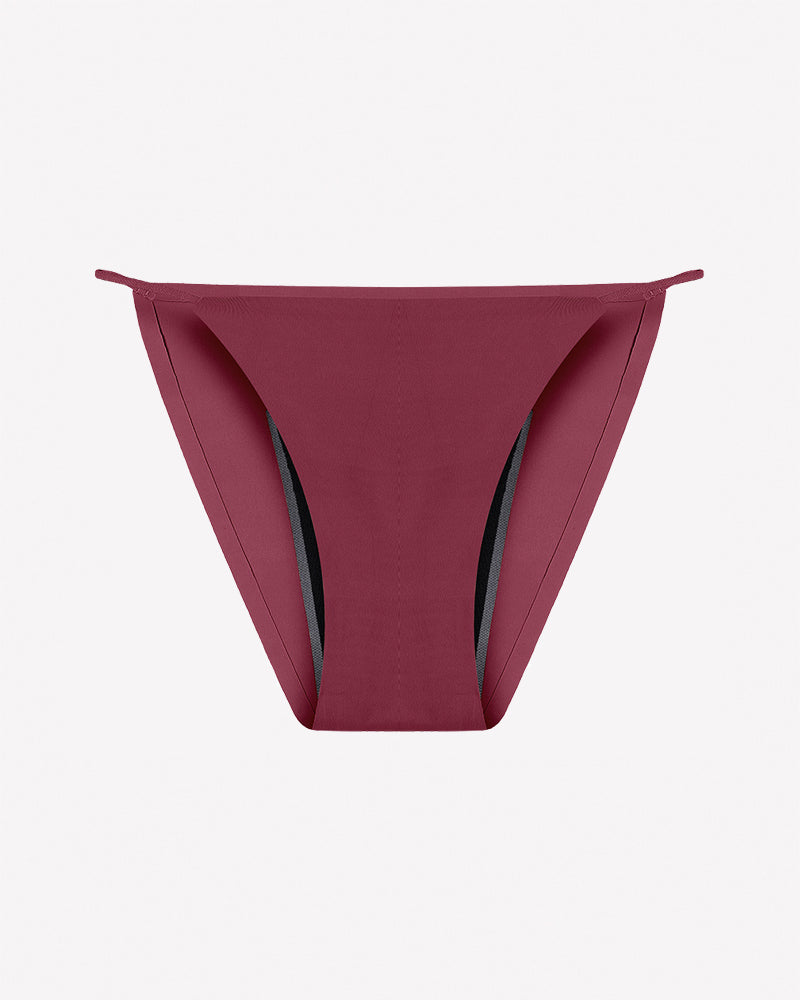Wine red leakproof period panties, front view with dark absorbent panel