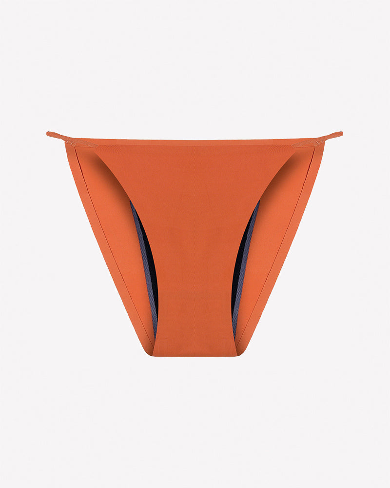 Orange leakproof period panties, front view with dark absorbent panel