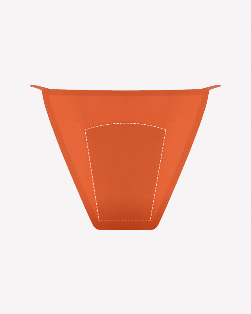 Orange leakproof period panties, outlined absorbent center panel