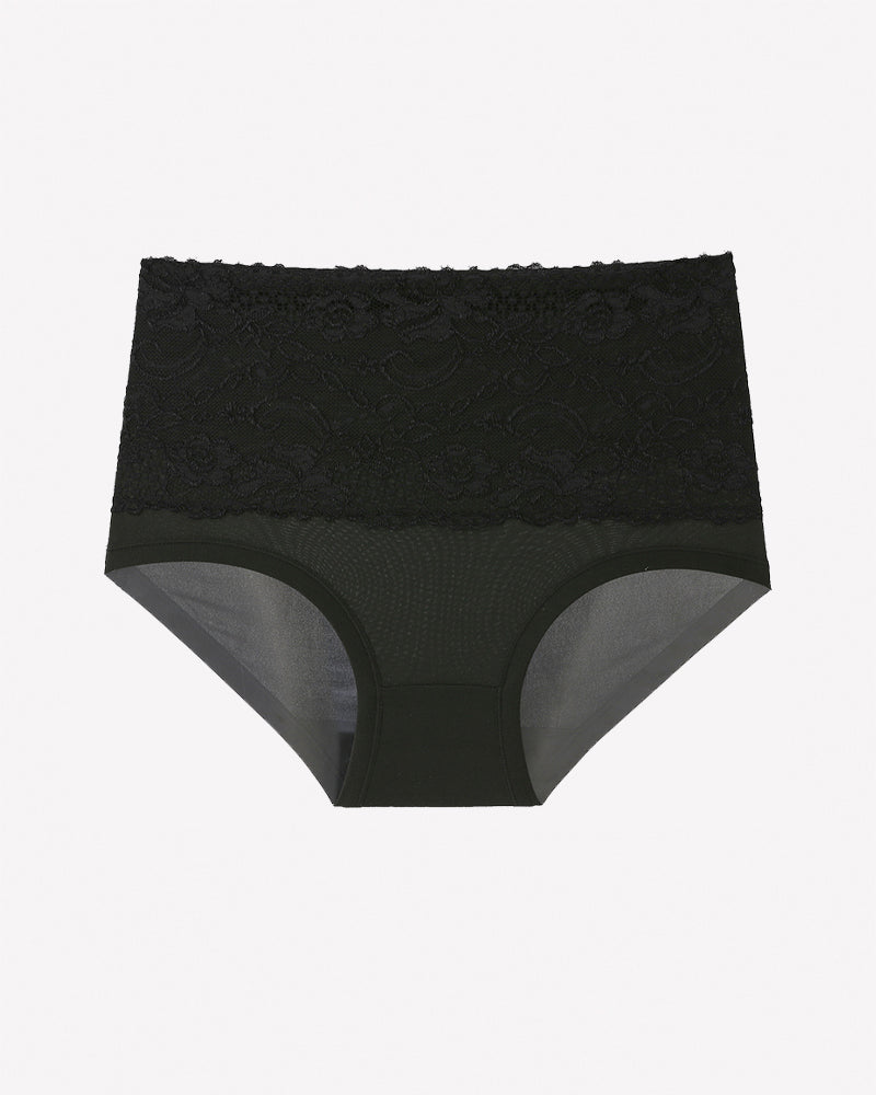 Black high-waist lace brief, full coverage, floral lace trim around legs.