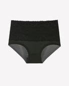 Black high-waist lace brief, full coverage, floral lace trim around legs.