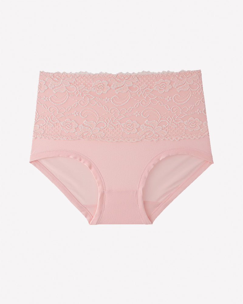 Pink high-waist lace brief, full coverage, floral lace overlay on sheer mesh.