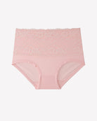 Pink high-waist lace brief, full coverage, floral lace overlay on sheer mesh.