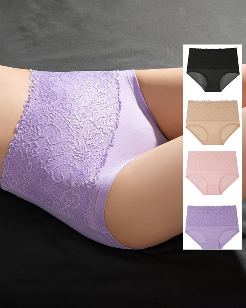 Purple high-waist floral lace brief, full coverage; lace overlay visible on model.