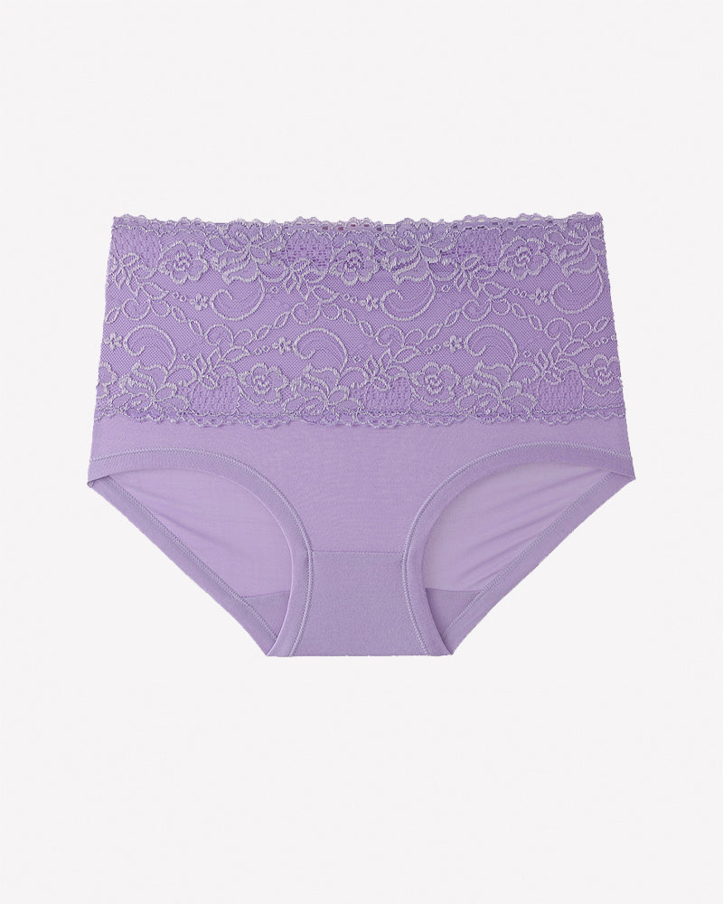 Lavender high-waist lace brief, full coverage, floral lace pattern at waistband.