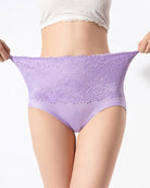 Lavender high-waist lace brief, full coverage, floral lace front panel.