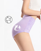 Lavender high-waist lace brief with comfort stretch icon at side; full coverage fit.