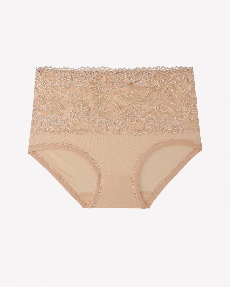 Beige high-waist lace brief, full coverage, floral lace overlay across front.