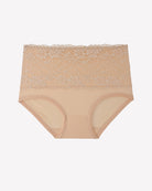 Beige high-waist lace brief, full coverage, floral lace overlay across front.