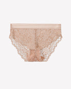 Floral lace panties in apricot with sheer mesh and striped waistband