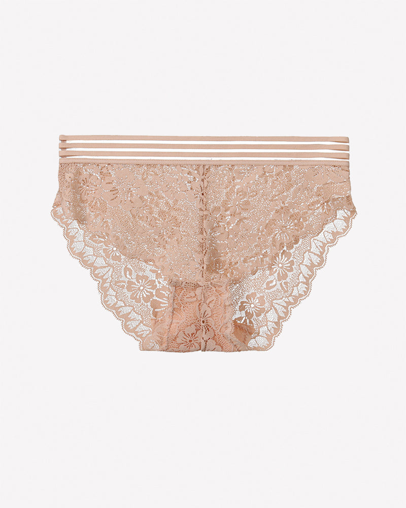 Floral lace panties in apricot with sheer mesh and striped waistband
