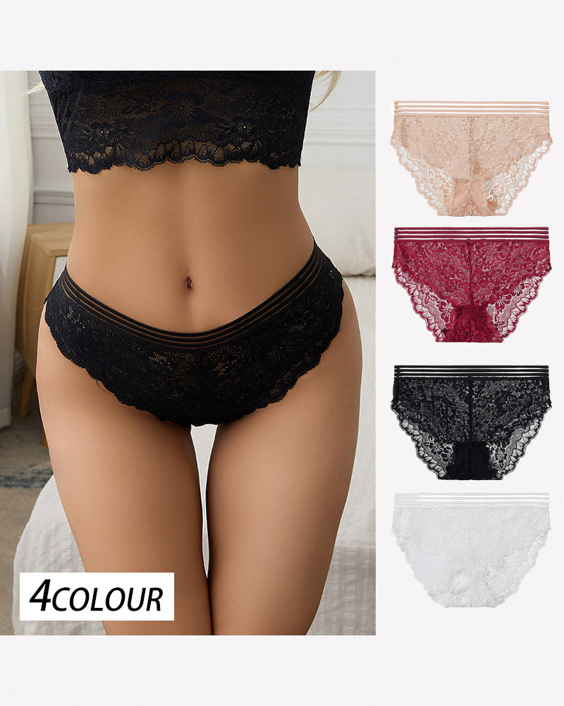 Lace panties set showing four colors: black, burgundy, white, and apricot
