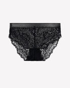 Black floral lace panties with scalloped edges and striped waistband