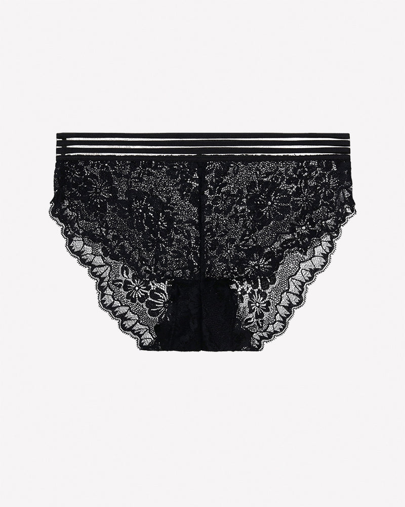 Black floral lace panties with scalloped edges and striped waistband