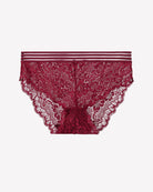 Burgundy floral lace panties with scalloped edges and striped waistband