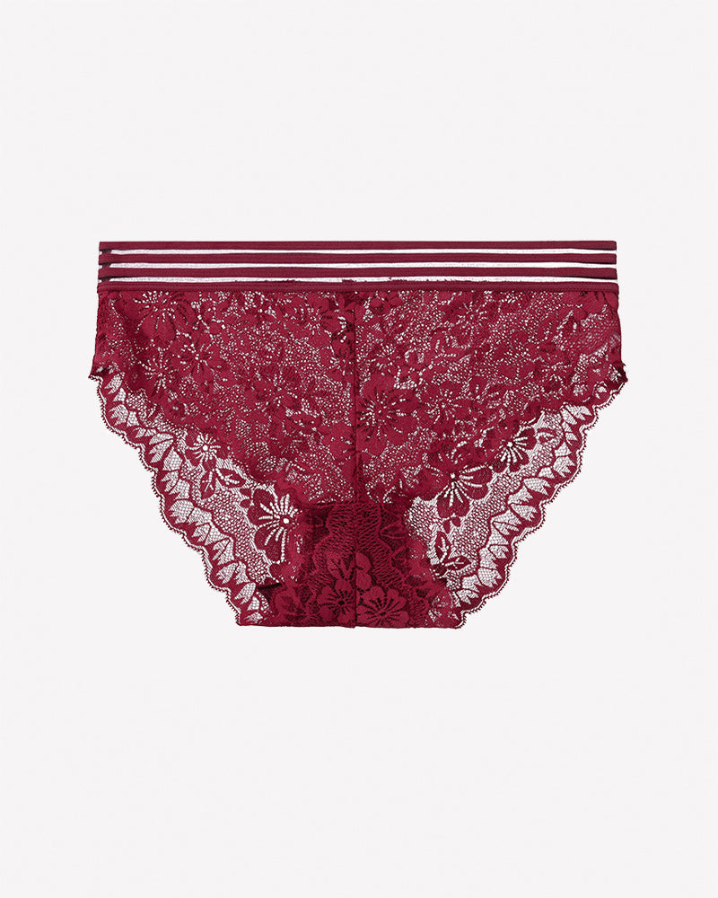 Burgundy floral lace panties with scalloped edges and striped waistband