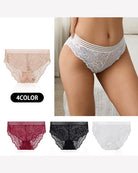 White, black, burgundy, and apricot floral lace high-cut panties with striped waistbands