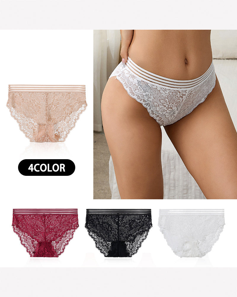 White, black, burgundy, and apricot floral lace high-cut panties with striped waistbands