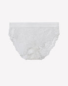 White floral lace panties with scalloped edges and striped waistband
