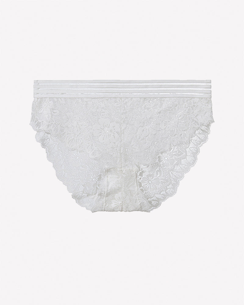 White floral lace panties with scalloped edges and striped waistband