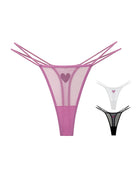Sheer mesh thong underwear, low-rise with rhinestone heart detail and strappy sides (pink)