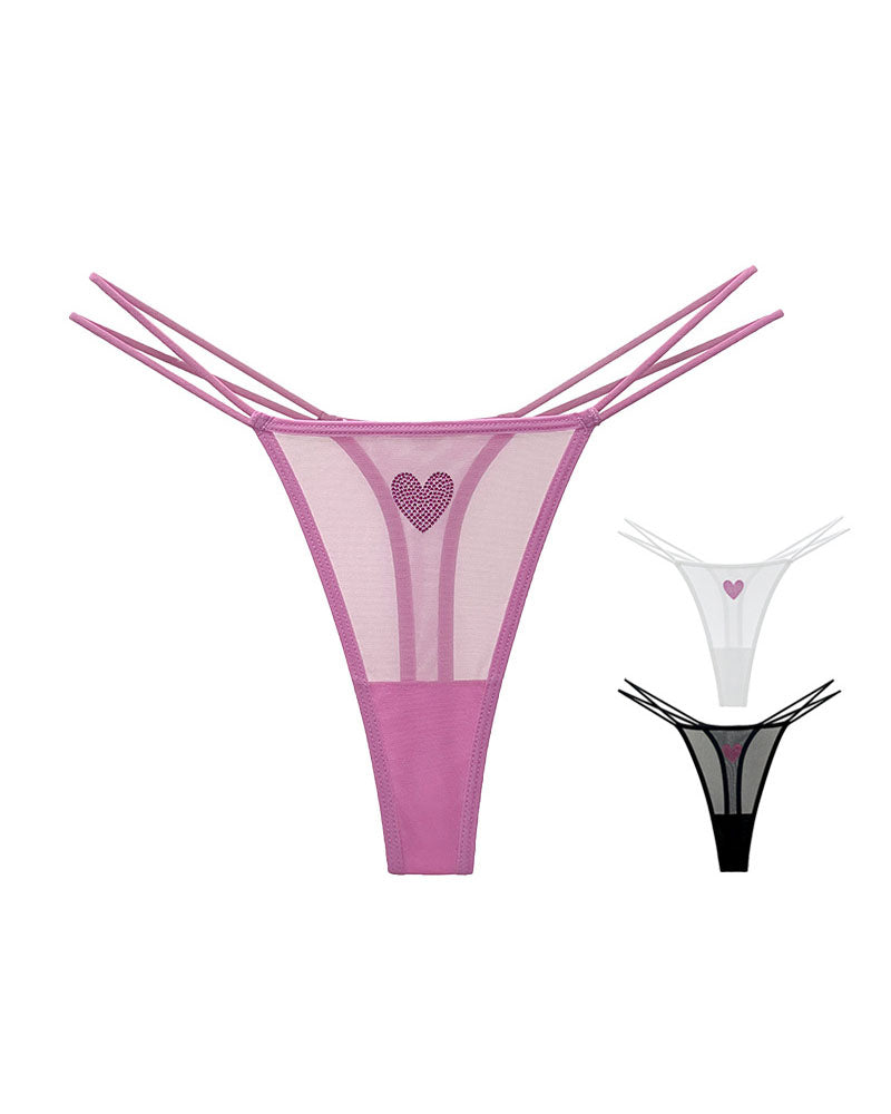 Sheer mesh thong underwear, low-rise with rhinestone heart detail and strappy sides (pink)