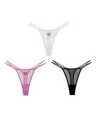 Sheer mesh thong underwear set: white, pink, and black with rhinestone heart detail