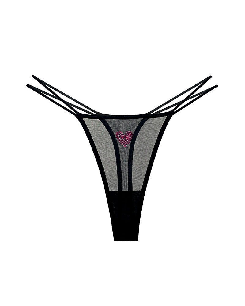 Black sheer mesh thong with rhinestone heart, multi-strap low-rise front.