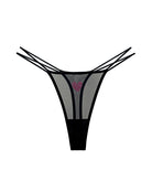 Black sheer mesh thong with rhinestone heart, multi-strap low-rise front.