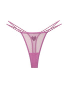 Pink sheer mesh thong with rhinestone heart and crisscross strap detail.