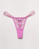 Light pink sheer mesh thong with rhinestone heart and triple strap ties.