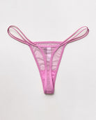 Medium pink sheer mesh thong with rhinestone heart and crisscross back straps.