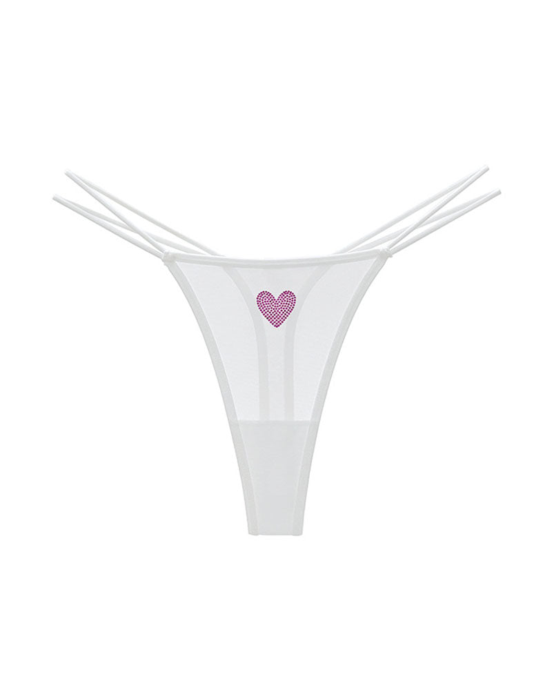 Sheer mesh thong underwear, low-rise with rhinestone heart detail and strappy sides (white)