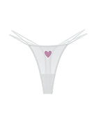 Sheer mesh thong underwear, low-rise with rhinestone heart detail and strappy sides (white)