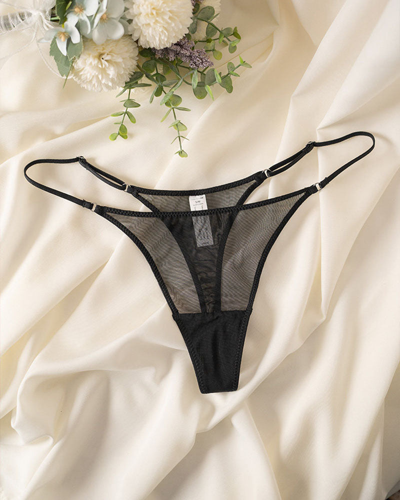 Sheer mesh double-strap thong with low-rise cut, black