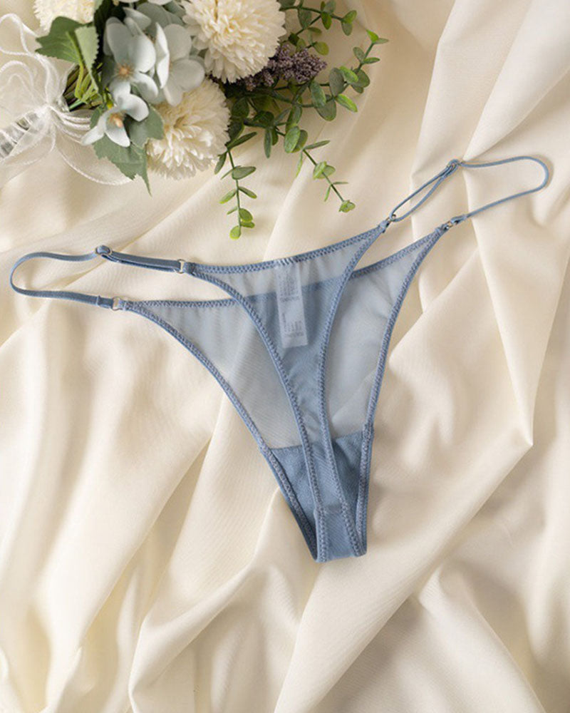 Sheer mesh double-strap thong with low-rise cut, light blue