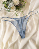 Sheer mesh double-strap thong with low-rise cut, light blue