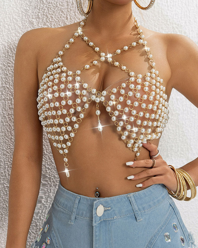 Pearl chain halter top with cross chest design, star charm, and hanging pearl strands